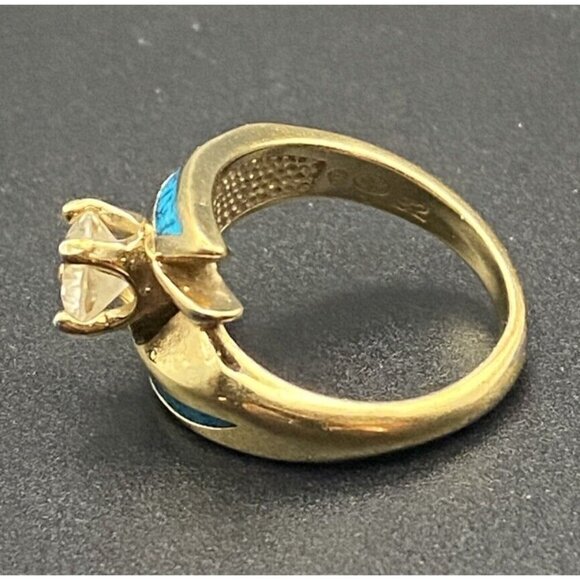 Vtg 'Ring 92 SW CZ Solitaire Yellow Gold Plated Wrap Crushed Turquoise Size 5.5 - Picture 6 of 14